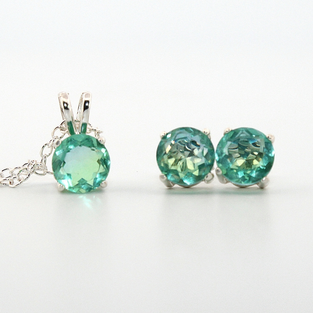 Round Blue & Green Tourmaline Sterling Silver Earrings/Necklace Set 7RBGTSSENSMG
